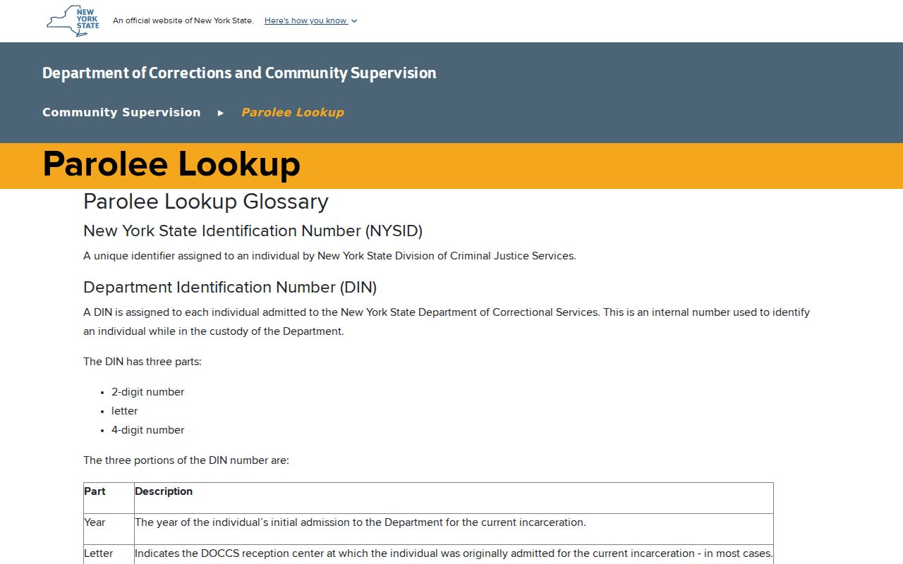 Cayuga County criminal record DOCCS lookup glossary
